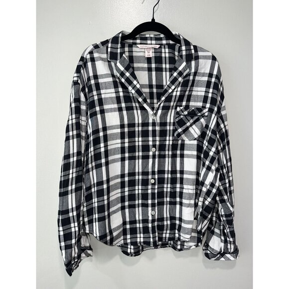 Victorias Secret Black & White Plaid Button-Up Sleep‎ Shirt, Small - Picture 1 of 8